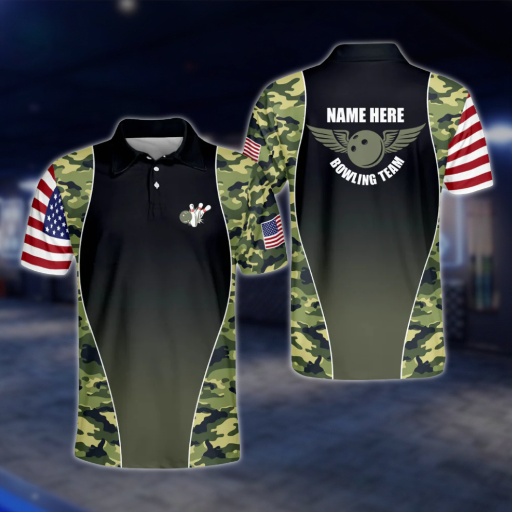 Custom Camo USA Flag Mens Bowling Polo Shirt, Custom Camo Bowling Shirts BM0146