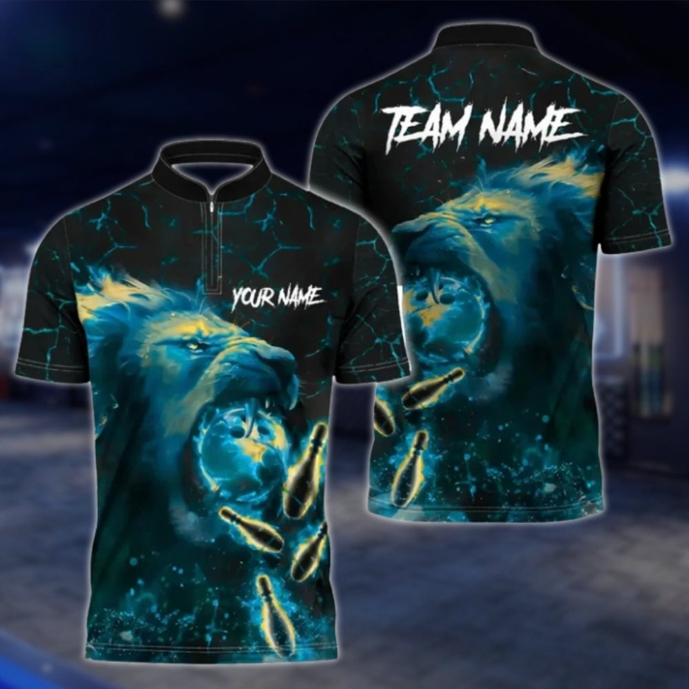 Personalized Lion Flame Blue Bowling Polo Shirt For Men, Custom Lion Bowling Shirt For Team BZ0731