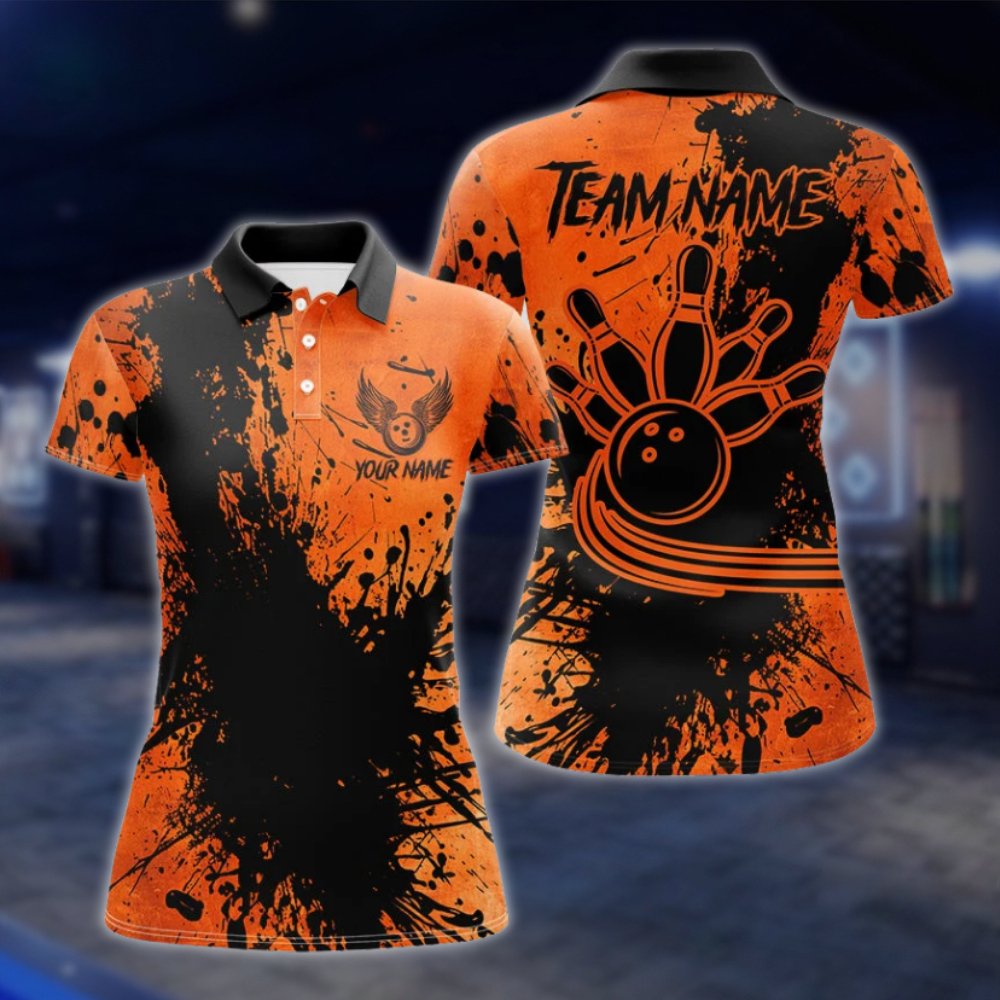 Personalized Women Orange And Black Polo Bowling Team Shirts, Custom Bowling Team ShirtsFor Ladies BZ0736