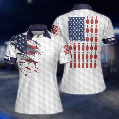 Custom White American Flag Women Bowling Polo Shirt, Custom Name Patriotic Bowling Shirt For Ladies BW0154
