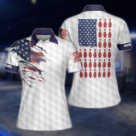 Custom White American Flag Women Bowling Polo Shirt, Custom Name Patriotic Bowling Shirt For Ladies BW0154