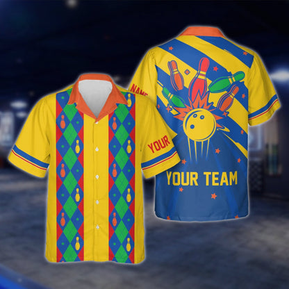 Custom Argyle Red Blue Green Hawaiian Bowling Shirt Men Women, Custom Retro Bowling Shirts For Team BE0015