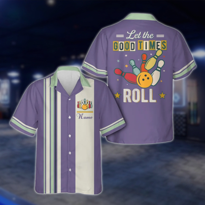 Let The Good Times Roll Personalized Retro Bowling Hawaiian Shirt Men And Women, Custom Funny Bowling Shirt Cyan BE0216
