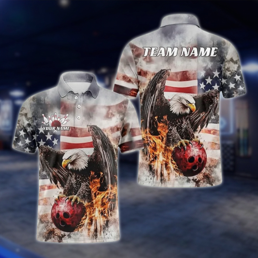 Custom Eagle USA Flag Bowling Polo Shirt Mens, Custom Eagle Bowling Shirts Team BZ0489