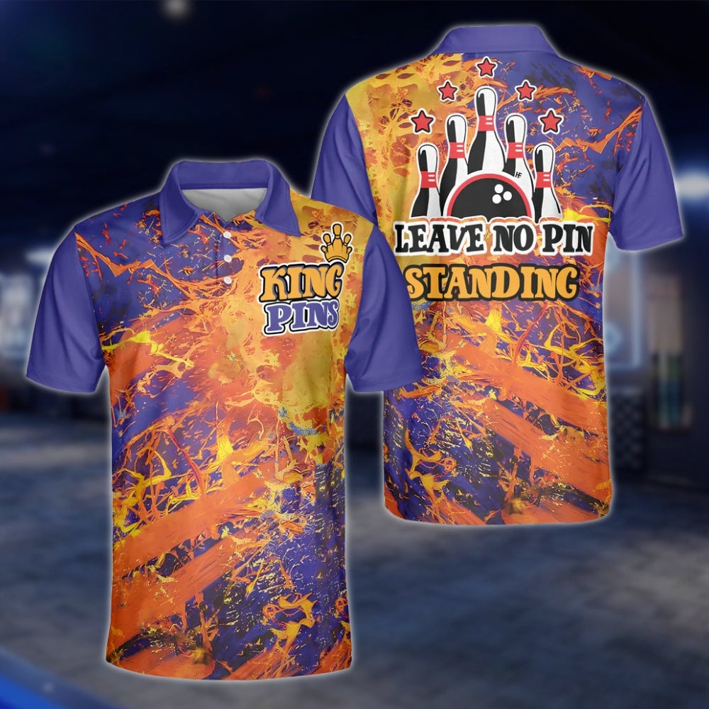 Men's Kings Pins Leave No Pin Standing Polo Shirt, Orange And Purple Funny Bowling Shirts BZ0108