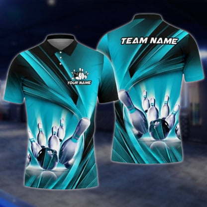 Custom Team Blue Lightning Bowling Polo Shirt For Mens, Custom Bowling Team Shirts BA0005