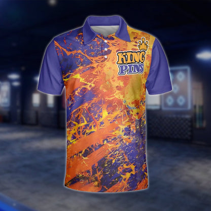Men's Kings Pins Leave No Pin Standing Polo Shirt, Orange And Purple Funny Bowling Shirts BZ0108