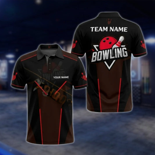 Custom Black And Red Bowling Mens Polo Shirt, Custom Team Bowling Shirts BA0022