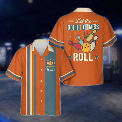 Let The Good Times Roll Personalized Retro Bowling Hawaiian Shirt Men And Women, Custom Funny Bowling Shirt Cyan BE0216