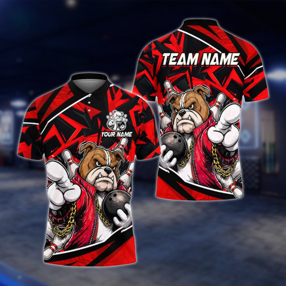 Personalized Red Bulldog Bowling Polo Shirt For Men, Custom BullDog Bowling Team Shirt BE0217