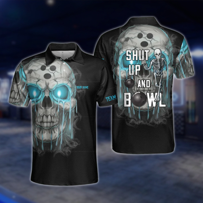 Custom Shut Up And Bowl Skeleton Black Cyan Bowling Polo Shirt, Custom Skull Funny Bowling Team Shirts BZ0490