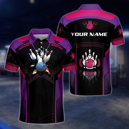 Black Pink And Purple Custom Name Bowling Polo Shirt For Mens, Custom Bowling Shirts BZ0107