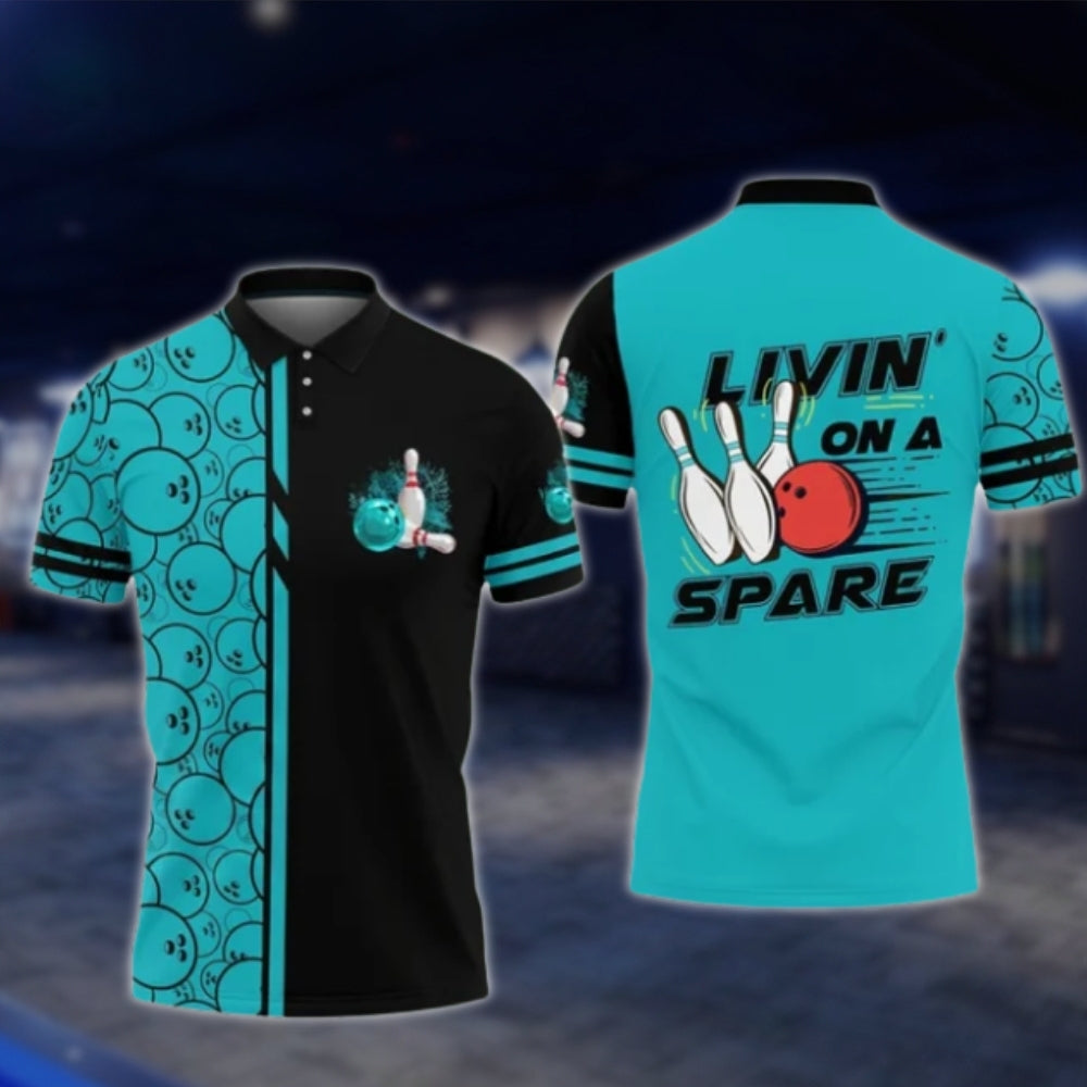 Livin' On A Spare Custom Blue Black Mens Bowling Polo Shirt, Custom Funny Bowling Shirts BO0422