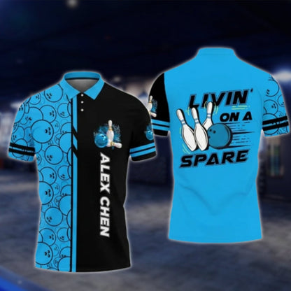 Livin' On A Spare Custom Blue Black Mens Bowling Polo Shirt, Custom Funny Bowling Shirts BO0422