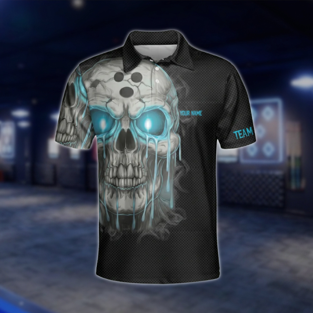 Custom Shut Up And Bowl Skeleton Black Cyan Bowling Polo Shirt, Custom Skull Funny Bowling Team Shirts BZ0490