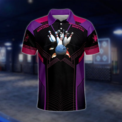 Black Pink And Purple Custom Name Bowling Polo Shirt For Mens, Custom Bowling Shirts BZ0107