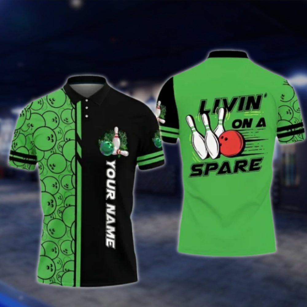 Livin' On A Spare Custom Blue Black Mens Bowling Polo Shirt, Custom Funny Bowling Shirts BO0422