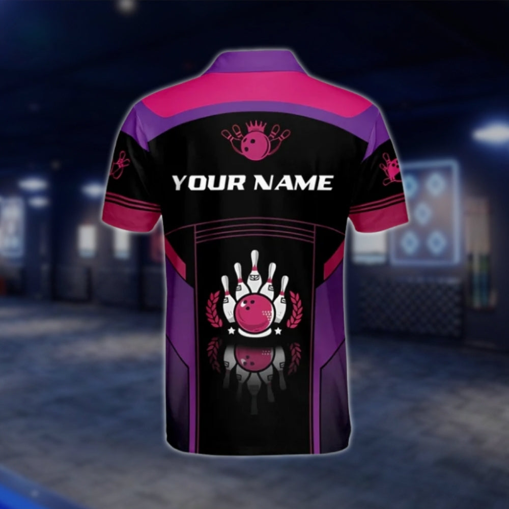 Black Pink And Purple Custom Name Bowling Polo Shirt For Mens, Custom Bowling Shirts BZ0107