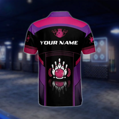 Black Pink And Purple Custom Name Bowling Polo Shirt For Mens, Custom Bowling Shirts BZ0107