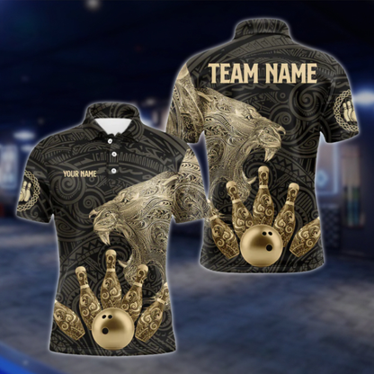Lion Tribal Custom Black Gold Bowling Mens Polo Shirt, Custom Lion Team Bowling Shirts BZ0491