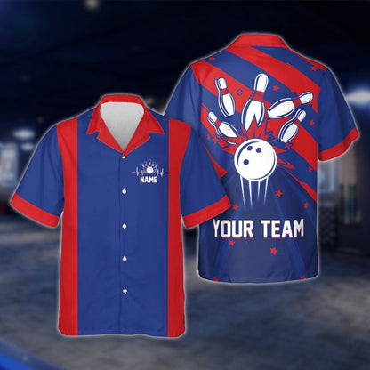 Custom Retro Red Blue Bowling Hawaiian Shirt For Men Women, Custom Team Retro Bowling Shirts BE0022