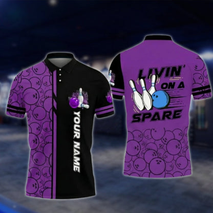 Livin' On A Spare Custom Blue Black Mens Bowling Polo Shirt, Custom Funny Bowling Shirts BO0422