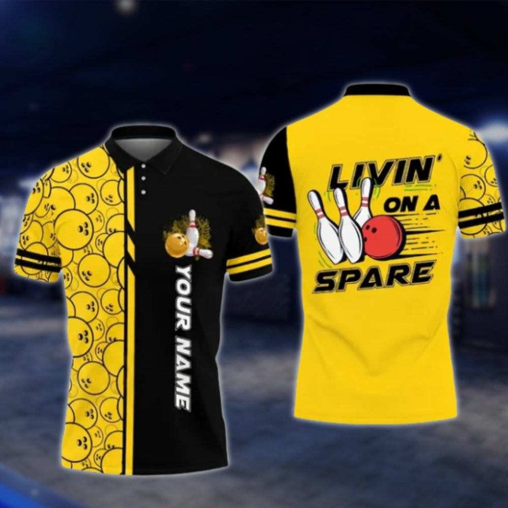 Livin' On A Spare Custom Blue Black Mens Bowling Polo Shirt, Custom Funny Bowling Shirts BO0422