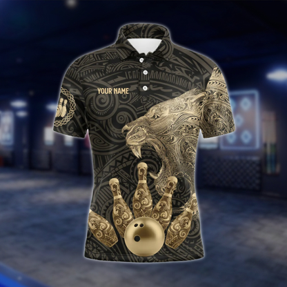 Lion Tribal Custom Black Gold Bowling Mens Polo Shirt, Custom Lion Team Bowling Shirts BZ0491