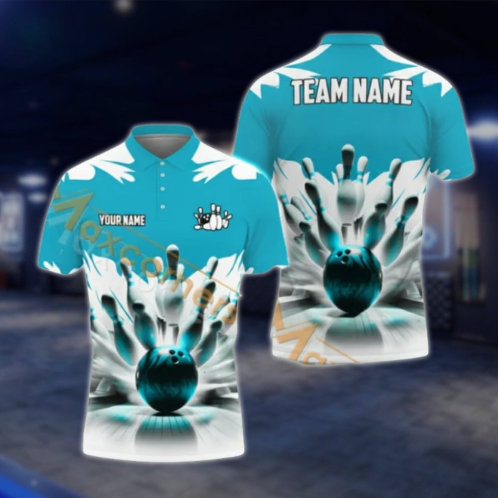 Custom Team Blue White Bowling Polo Shirts For Mens, Custom Bowling Shirts BA0024