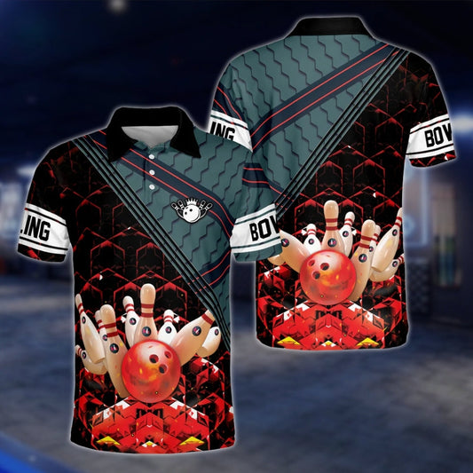 Men's Honeycomb Bowling Polo Shirt, Black Red Geometric Bowling Shirt For Men BZ0106
