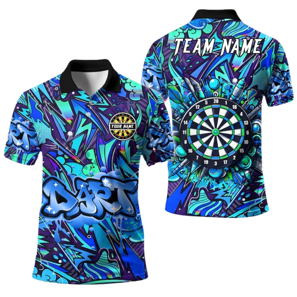 Blue Graffiti Team for Mens Personalized Darts Button Polo