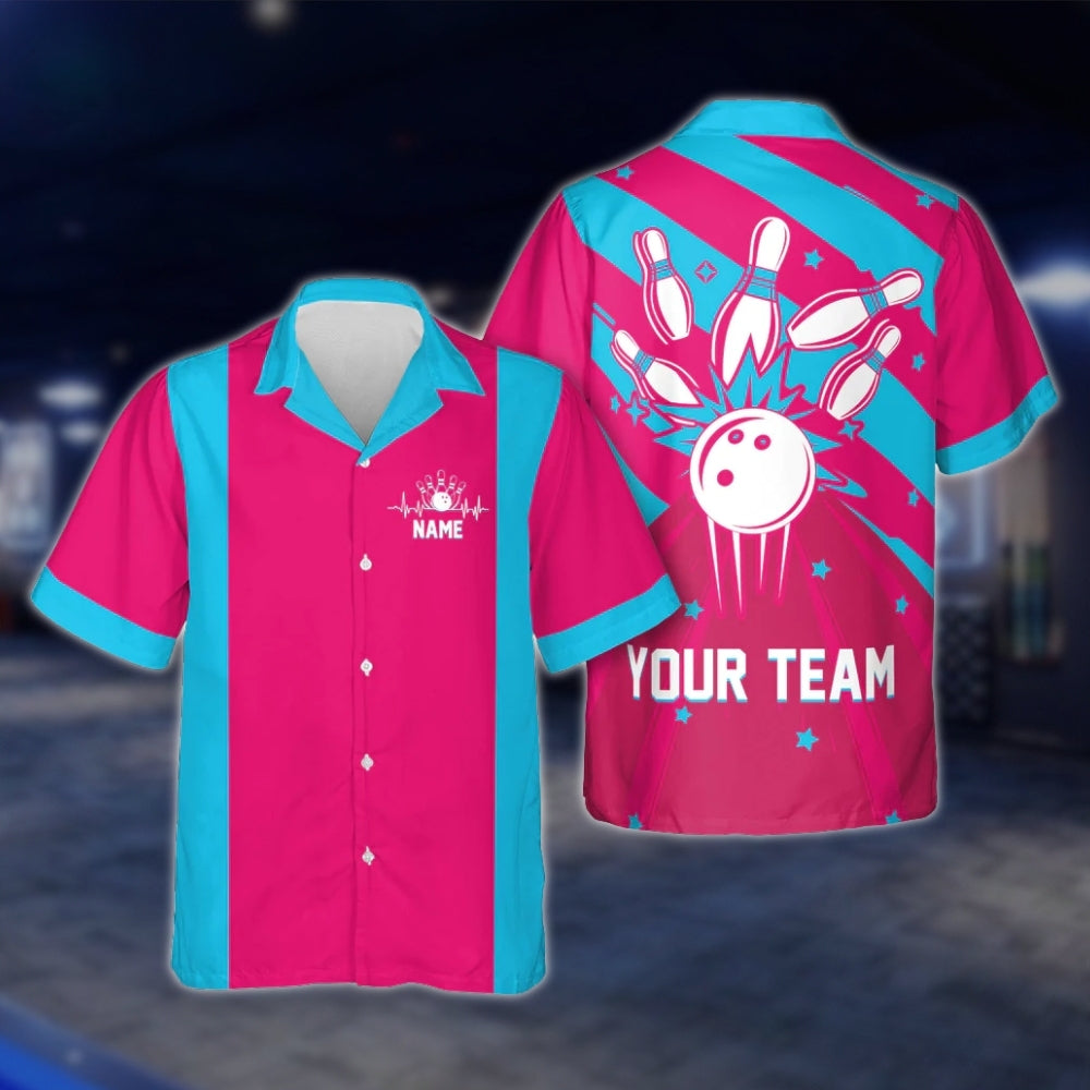 Custom Retro Red Blue Bowling Hawaiian Shirt For Men Women, Custom Team Retro Bowling Shirts BE0022