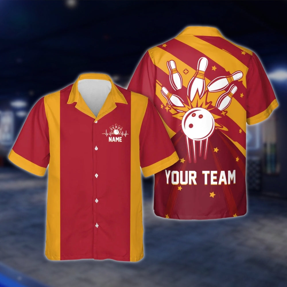 Custom Retro Red Blue Bowling Hawaiian Shirt For Men Women, Custom Team Retro Bowling Shirts BE0022