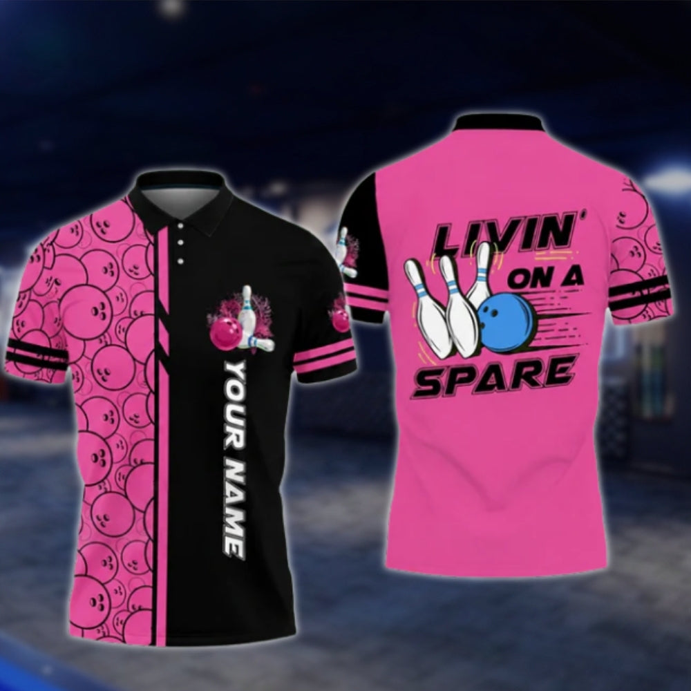 Livin' On A Spare Custom Blue Black Mens Bowling Polo Shirt, Custom Funny Bowling Shirts BO0422