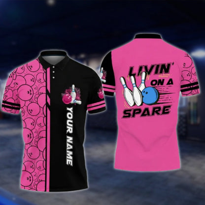 Livin' On A Spare Custom Blue Black Mens Bowling Polo Shirt, Custom Funny Bowling Shirts BO0422