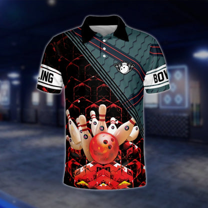 Men's Honeycomb Bowling Polo Shirt, Black Red Geometric Bowling Shirt For Men BZ0106