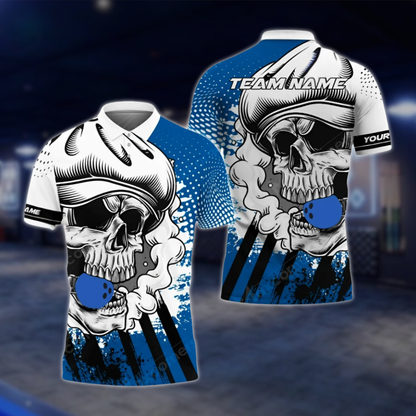 Personalized Skull White Red Bowling Polo Shirt For Men, Custom Skull Bowling Shirt For Team BZ0768