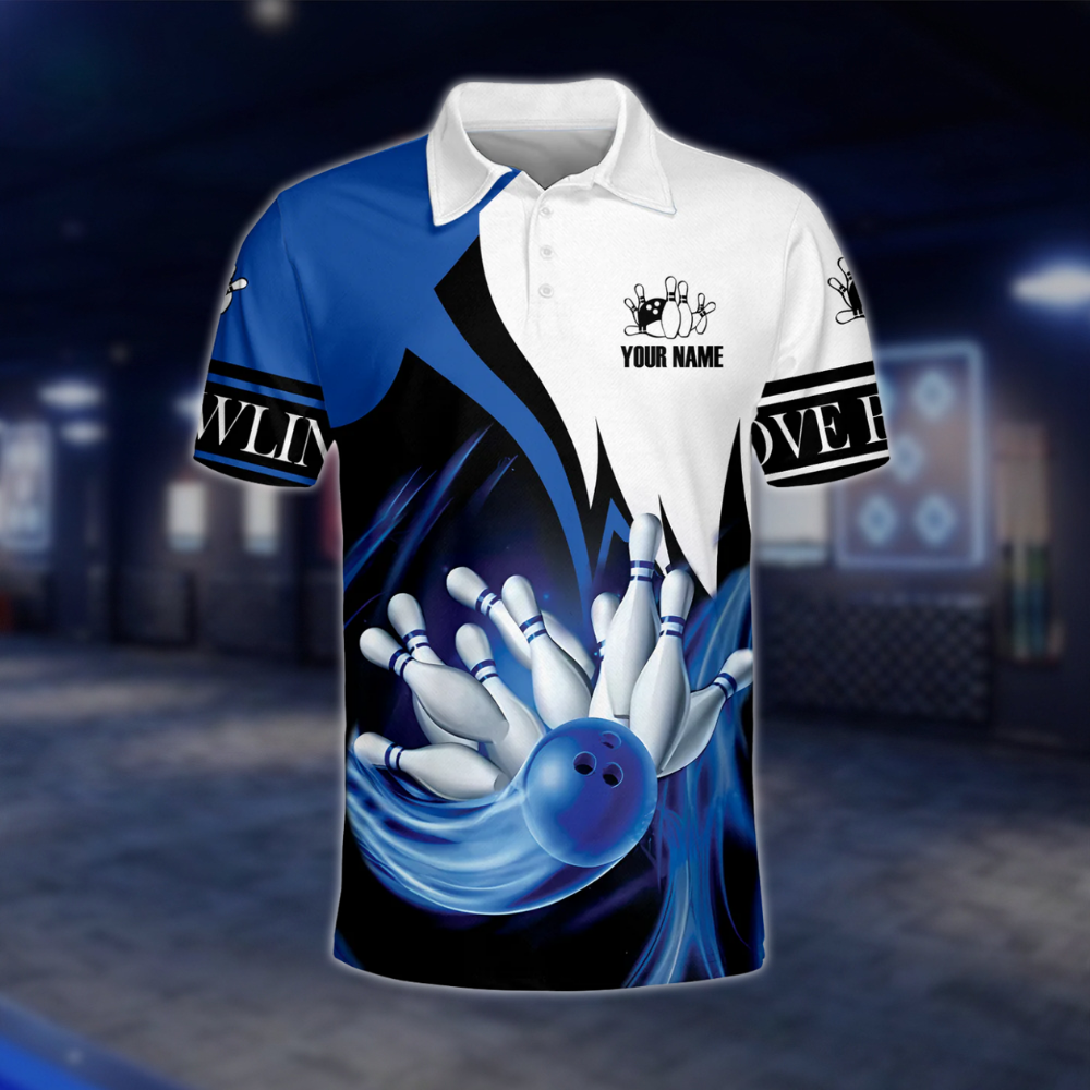 Custom Team Mens Bowling Polo Shirt Blue White, Custom Bowling Shirts BE0041