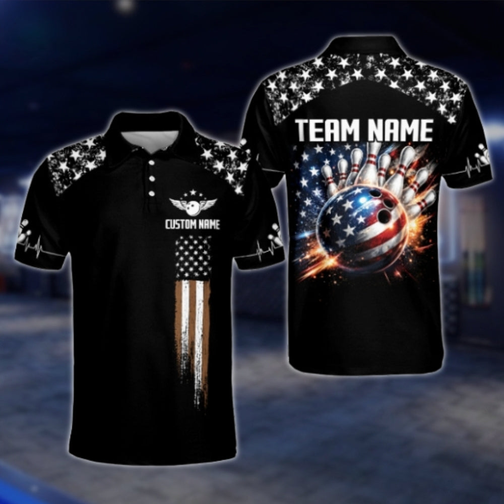 American Flag Bowling Ball Custom Mens Bowling Polo Shirt, Custom Patriotic Bowling Team Shirts BZ0359