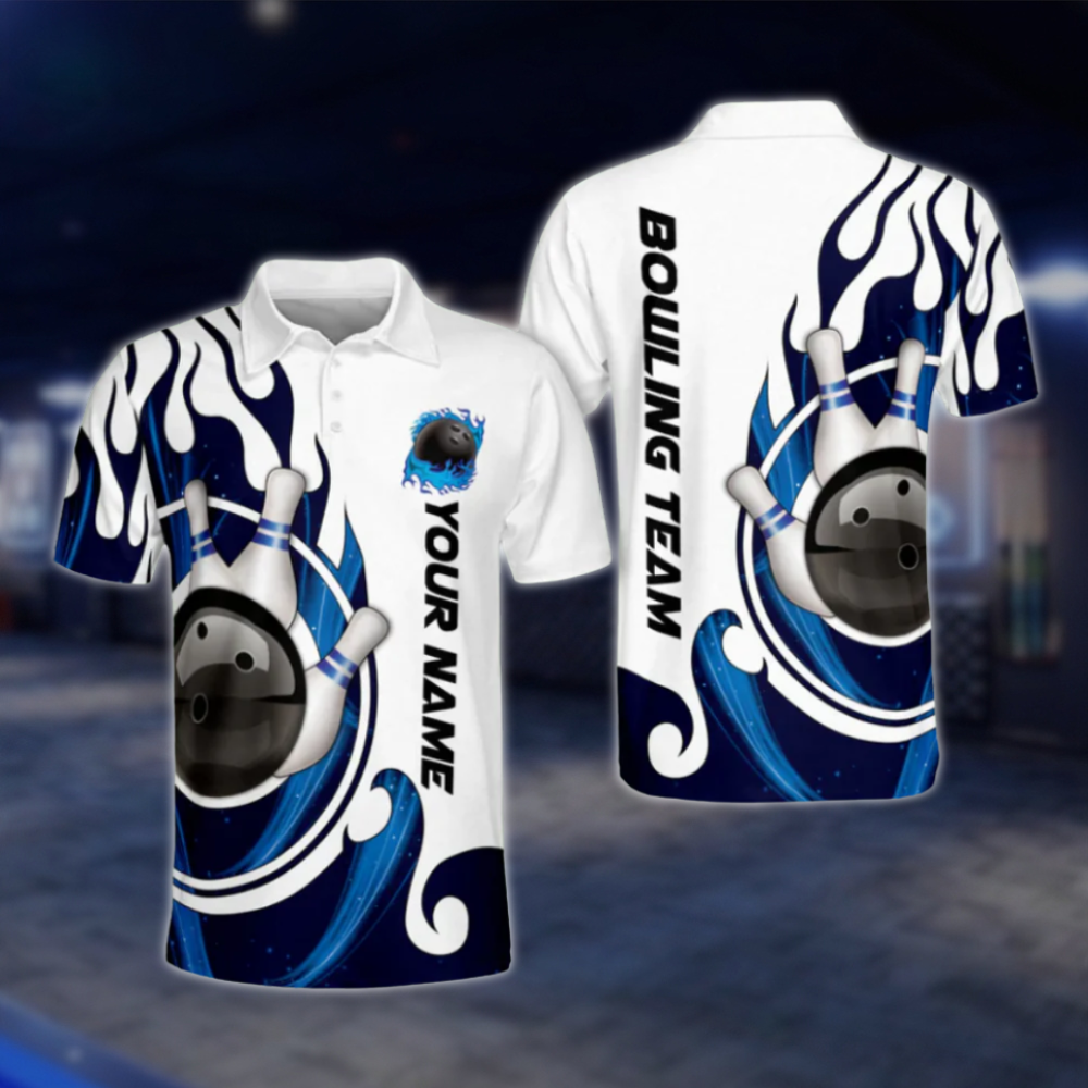 Personalised Men's White Blue Flame Bowling Polo Shirts, Custom Flame Bowling Team Shirts BM0279