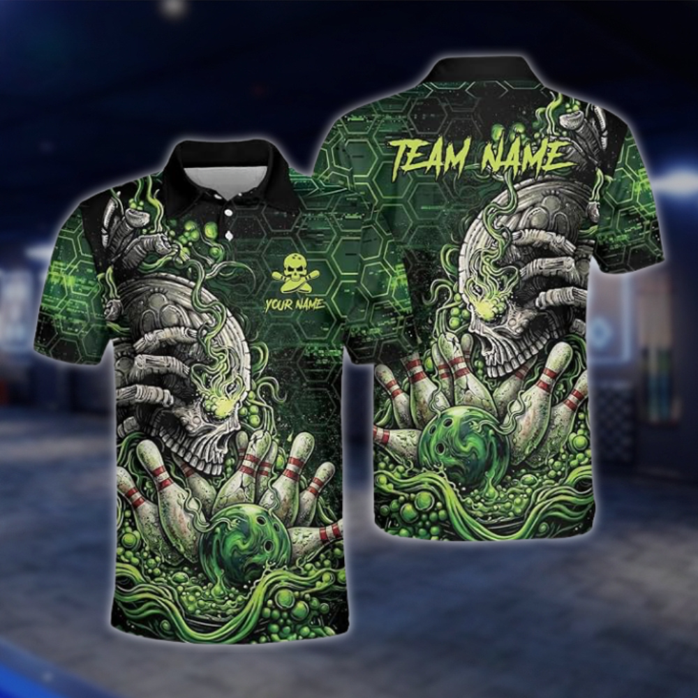 Personalized Mens Skull Green Bowling Polo Shirt, Custom Skull Team Bowling Shirt BZ0922