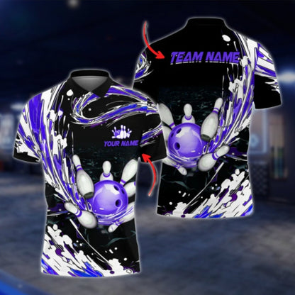 Custom Flame Blue White Black Bowling Mens Polo Shirt, Custom Flame Bowling Team Shirts BO0206