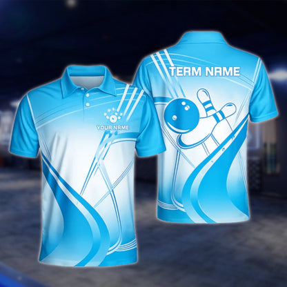 Custom Team White And Cyan Mens Bowling Polo Shirt, Custom Bowling Shirts BZ0450