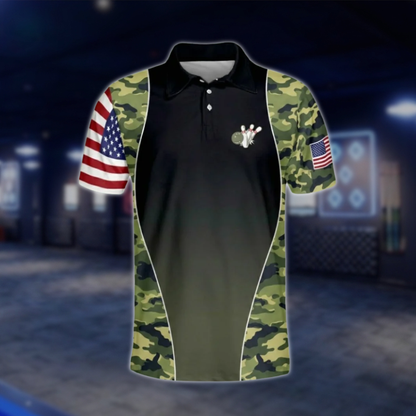 Custom Camo USA Flag Mens Bowling Polo Shirt, Custom Camo Bowling Shirts BM0146