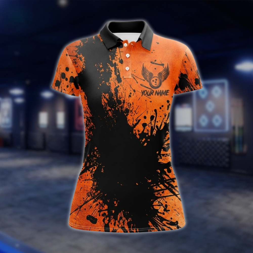 Personalized Women Orange And Black Polo Bowling Team Shirts, Custom Bowling Team ShirtsFor Ladies BZ0736