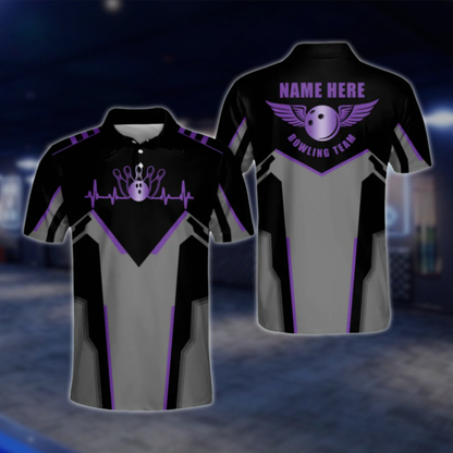 Personalized Black Purple Polo Bowling Team Shirts Men, Custom Bowling Shirts BM0010