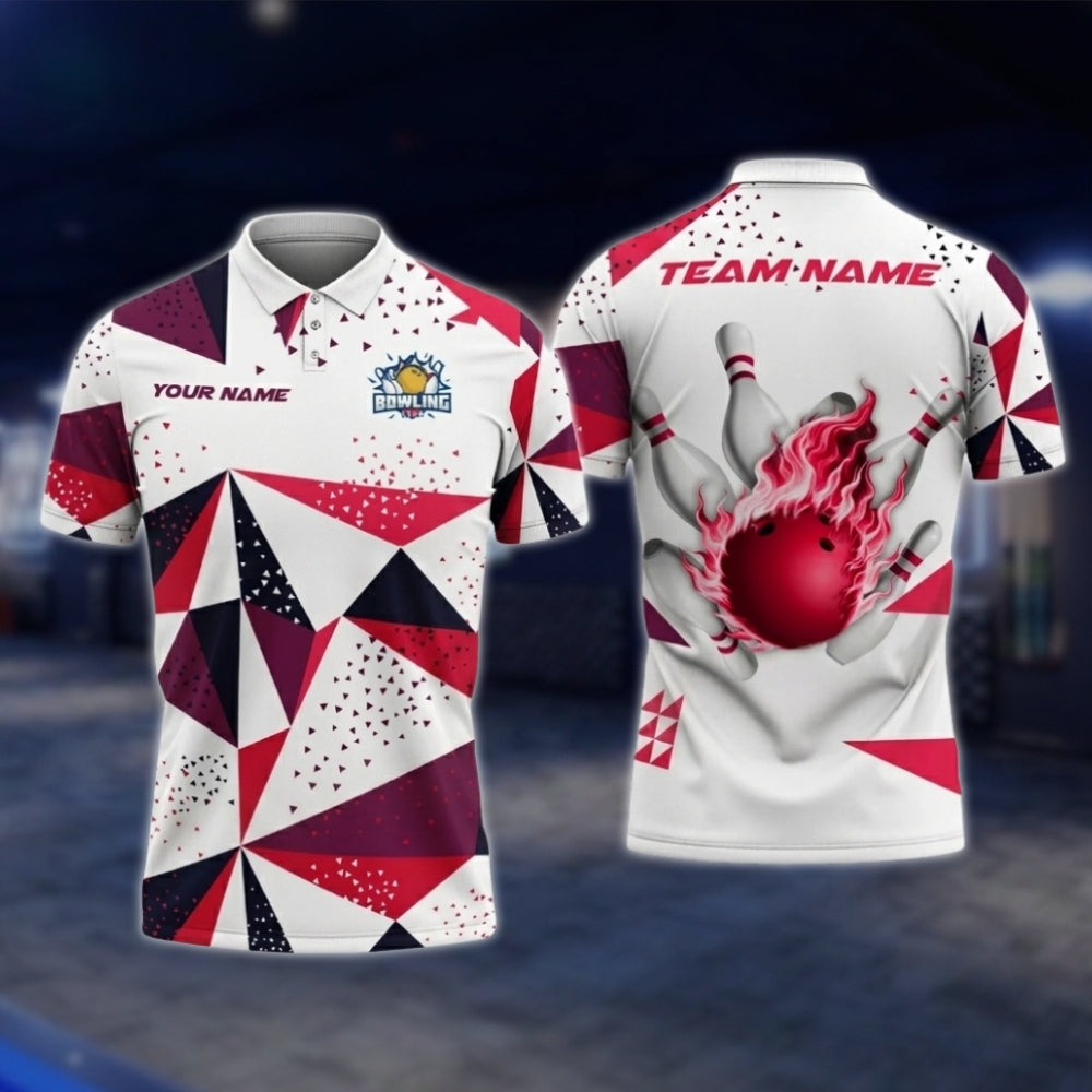 Personalized Geometric Polo Bowling Team Shirts For Men, White And Red Custom Bowling Shirts BZ0732