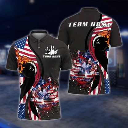 Personalized USA Flag Fire Ball Bowling Polo Shirt For Men, Custom Patriotic Bowling Shirts For Team BZ0756