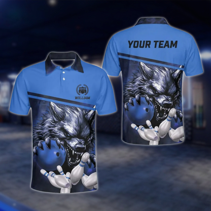Wolf Custom Mens Blue Bowling Polo Shirt, Custom Wolf Bowling Team Shirts BZ0138