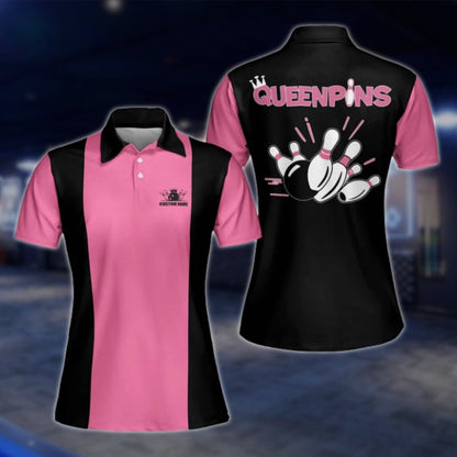 Queenpins Custom Name Black Pink Bowling Polo Shirt, Custom Funny Womens Bowling Shirts BW0050